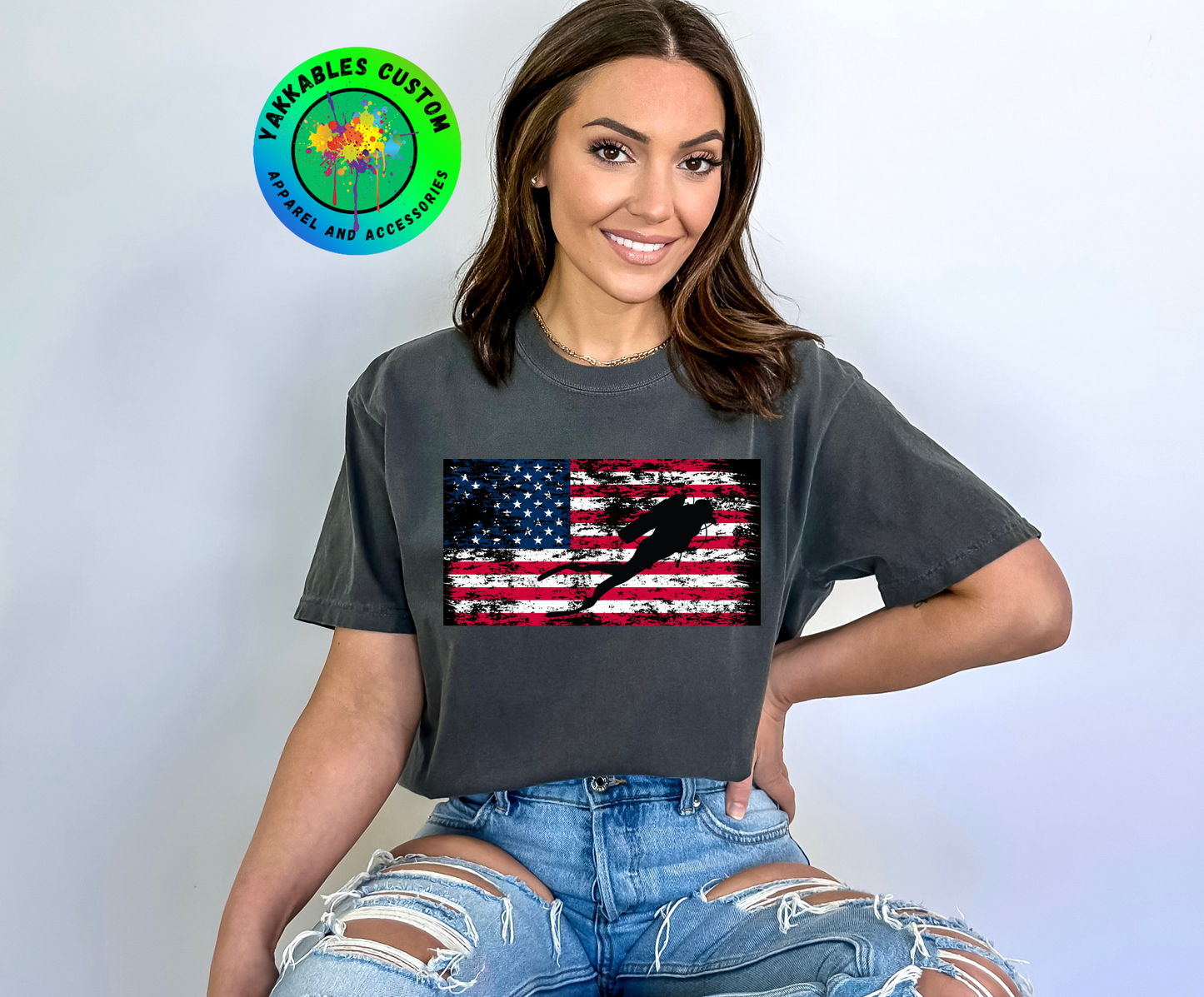 Silhouette Scuba Diver American Flag T-shirt