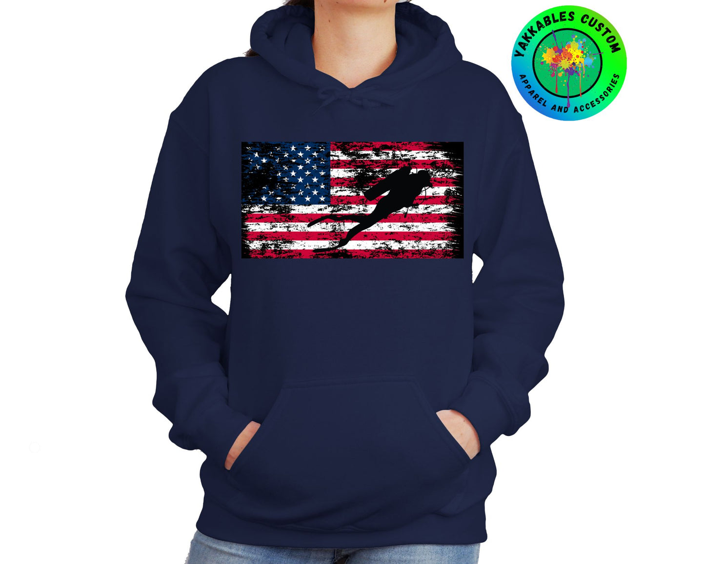 Silhouette Scuba Diver American Flag Hoodie Scuba Shirt Gift for Scuba Divers