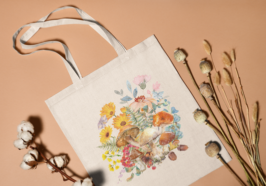 Cottagecore Mushroom Floral Tote Bag with Flowers