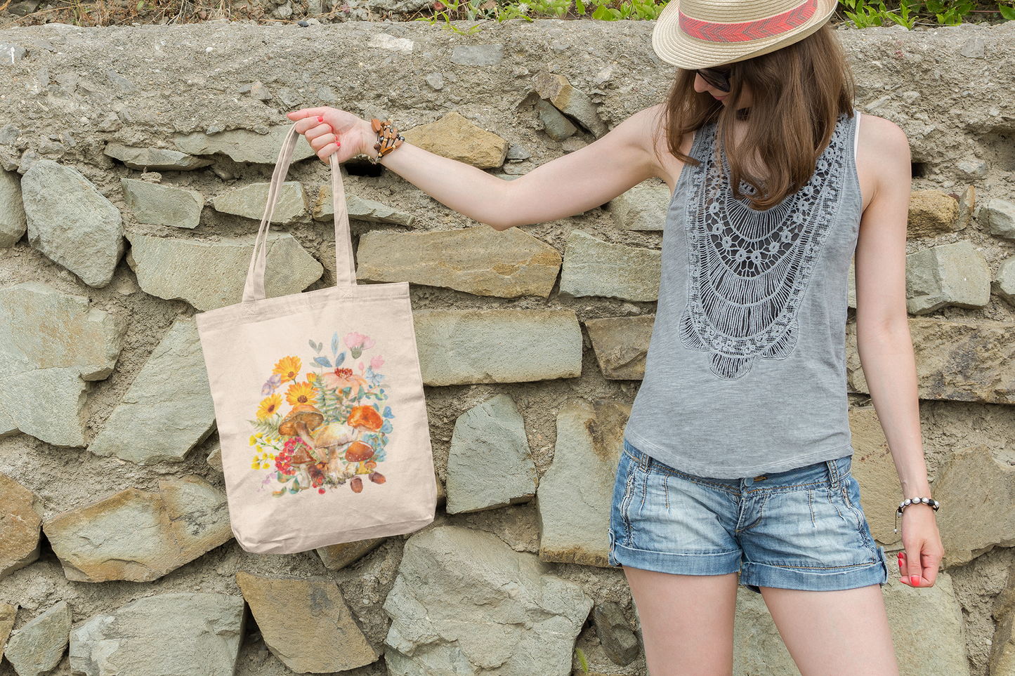 Mushroom Canvas Tote Bag for Women, Cottage Core Tote Bag Canvas