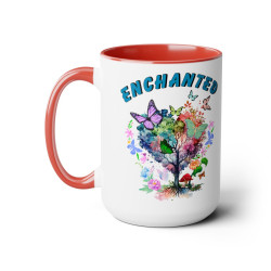 Butterflies - Two-Tone Coffee Mugs, 15oz (teal ENCHANTED above BUTTERFLY Tree)