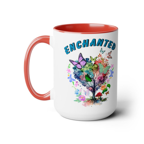Butterflies - Two-Tone Coffee Mugs, 15oz (teal ENCHANTED above BUTTERFLY Tree)