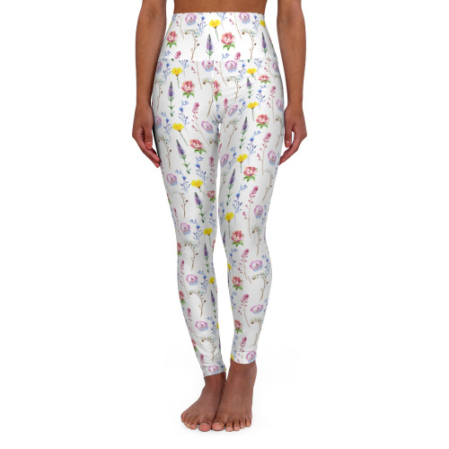 Flowers - High Waisted Yoga Leggings (AOP) (WILDFLOWERS) White Adult