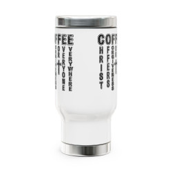 Coffee - Stainless Steel Travel Mug with Handle, 14oz (ACRONYM) White w/Black Letters