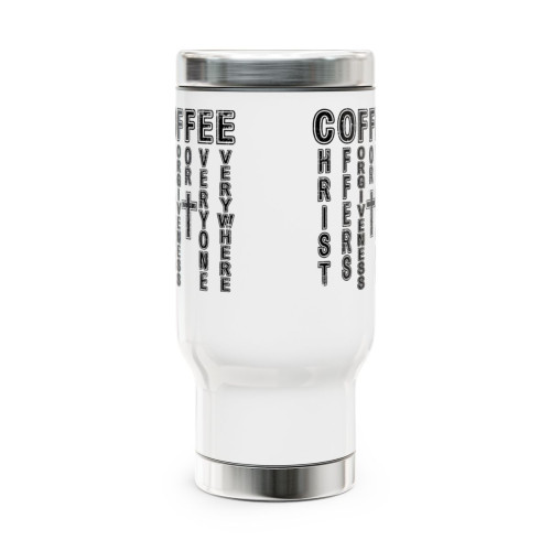 Coffee - Stainless Steel Travel Mug with Handle, 14oz (ACRONYM) White w/Black Letters